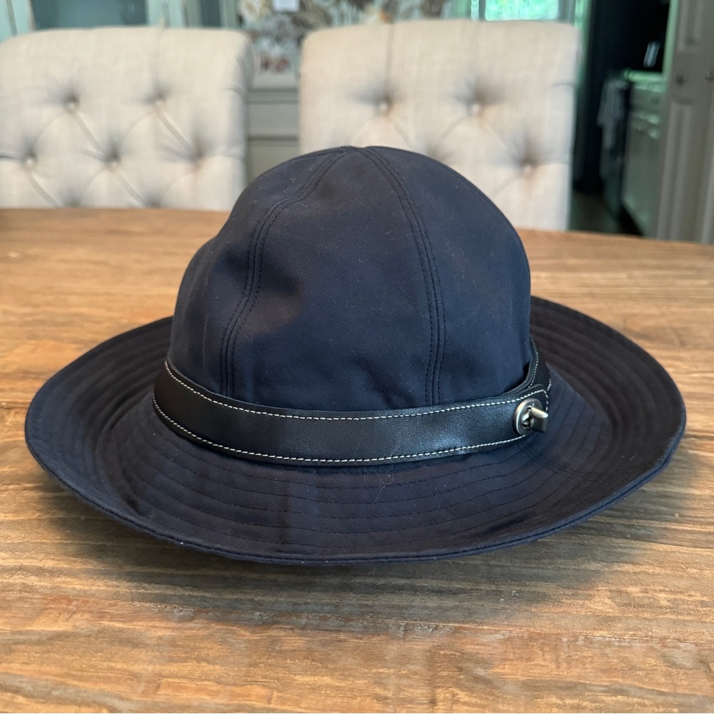 Coach Women's Sz M/L Navy Blue Woven Rain Bucket Hat with Leather